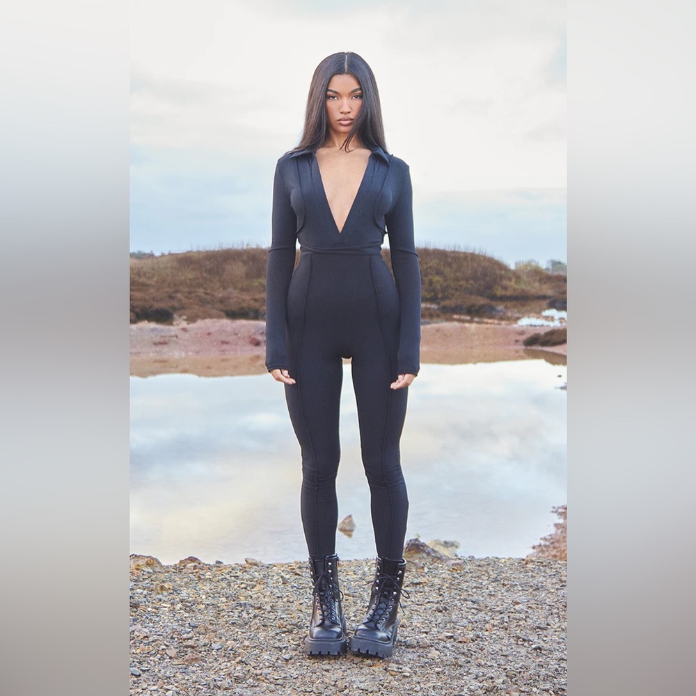 Prettylittlething Black Rib Seam Detail Shirt Jumpsuit